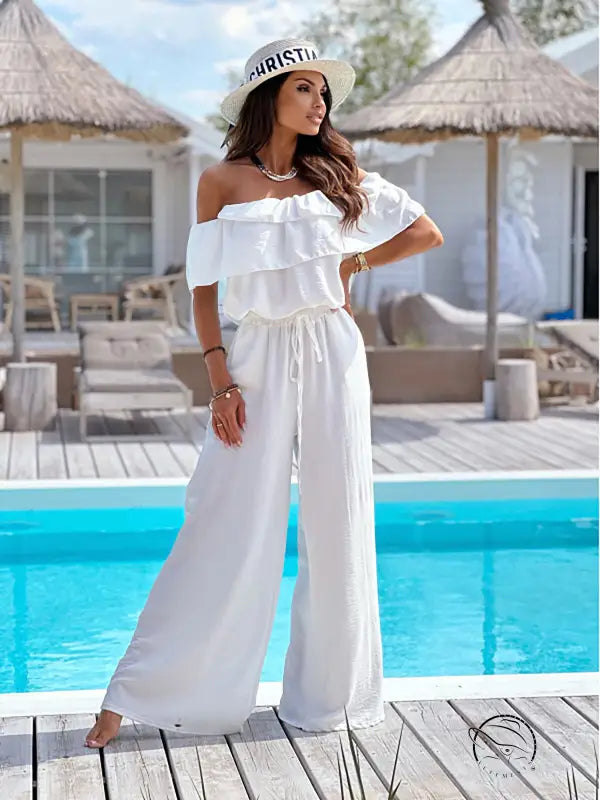 Elegant off-shoulder ruffle jumpsuit with free shipping by Langry