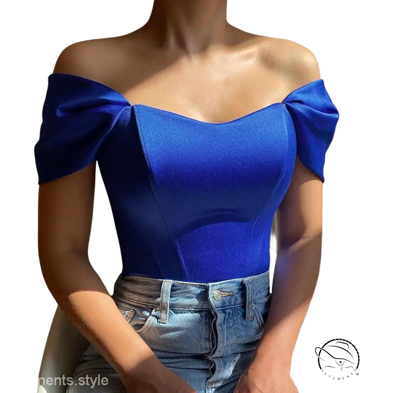 Royal blue off-shoulder soft outdoor boning corset top with light wash jeans