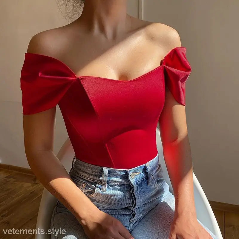 Red off-the-shoulder satin crop top with sweetheart neckline and soft outdoor boning corset