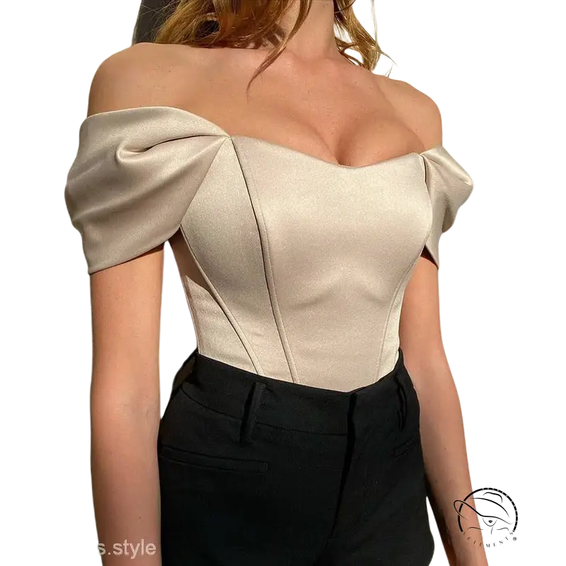 Elegant off-shoulder champagne satin top with soft outdoor boning corset