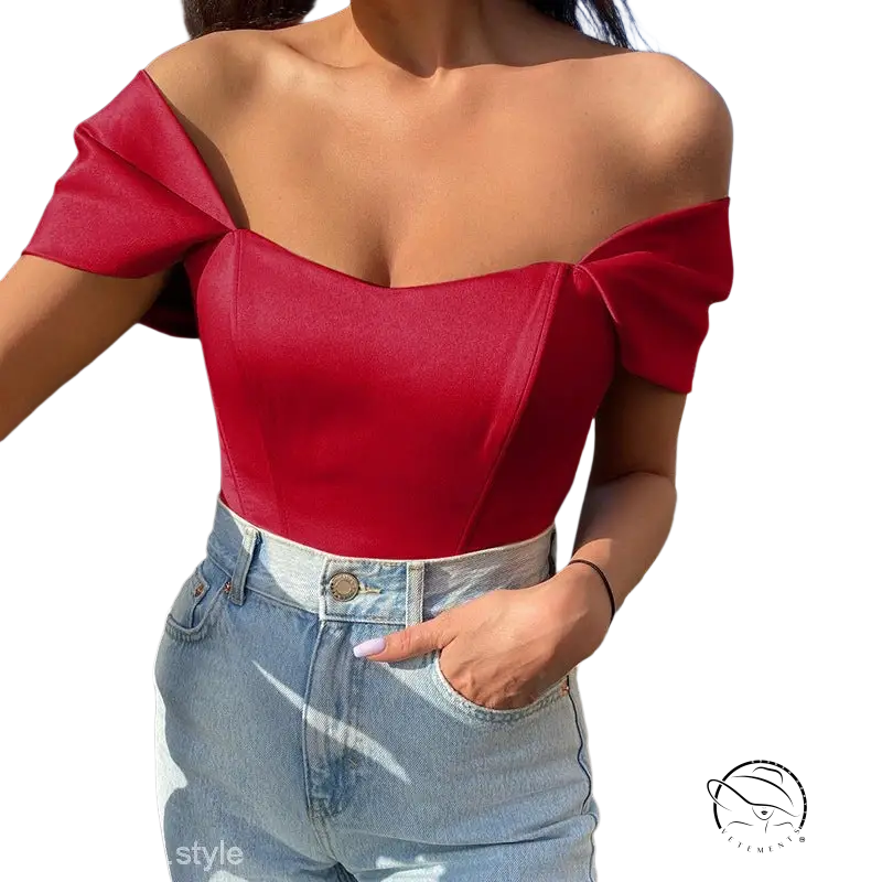 Elegant off-shoulder satin crop top with soft outdoor boning corset and light wash jeans