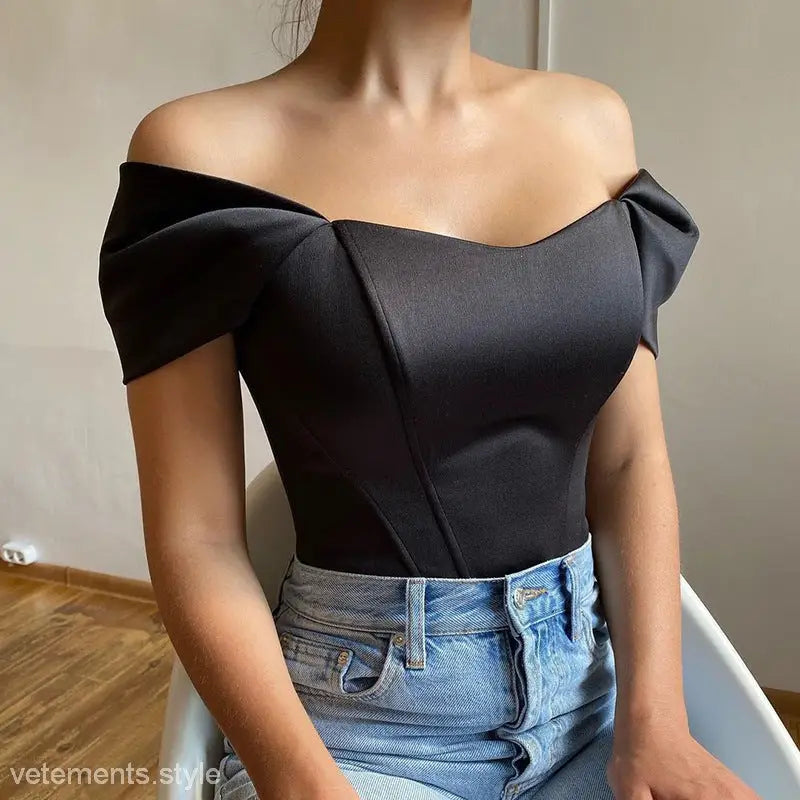 Black off-the-shoulder satin crop top with soft outdoor boning and shoulder boning corset design