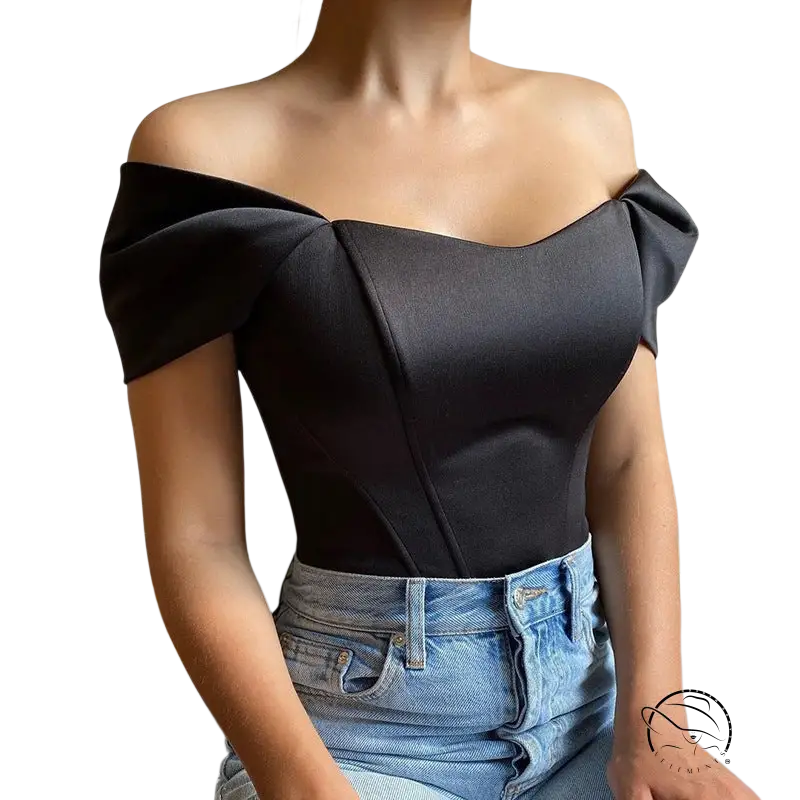 Black off-shoulder soft outdoor boning corset top with light blue denim jeans