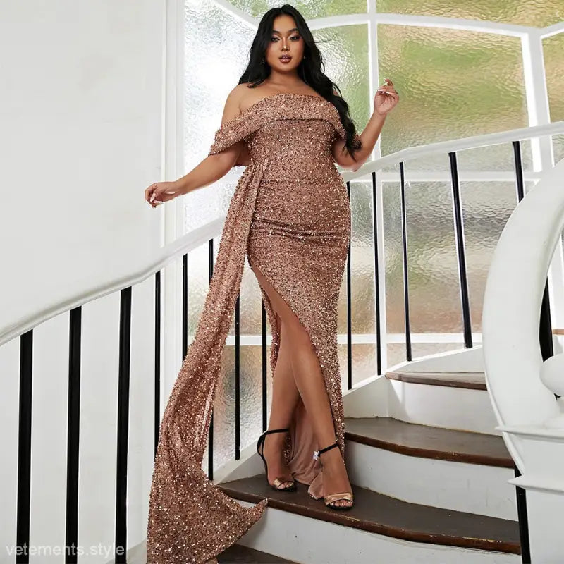 Elegant off-shoulder sequin maxi dress with high slit and train, perfect for wedding evening dress