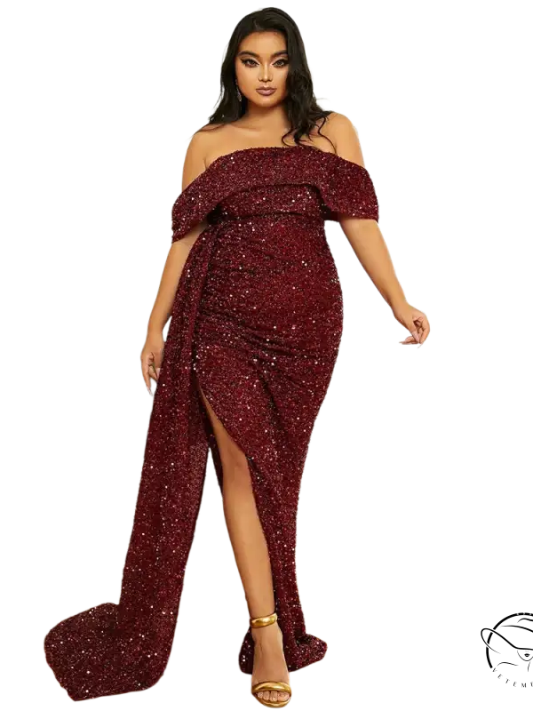 Sparkling burgundy elegant wedding evening dress with off-shoulder design and high slit