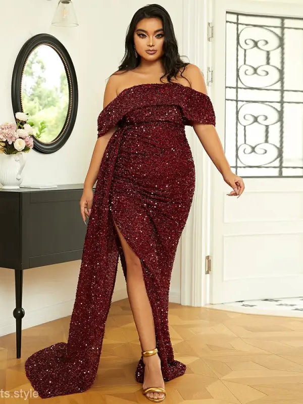 Sparkling burgundy off-shoulder evening gown with high slit, ideal as a wedding elegant dress