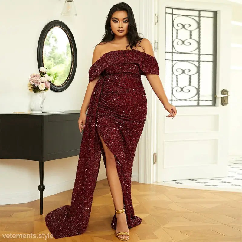 Sparkling burgundy off-shoulder evening gown with high slit, ideal as a wedding elegant dress