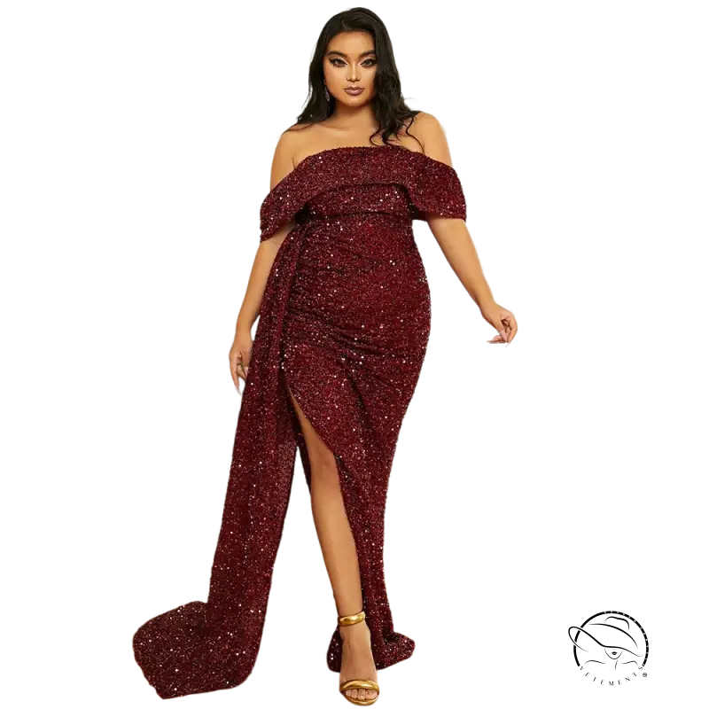 Sparkling burgundy elegant wedding evening dress with off-shoulder design and high slit