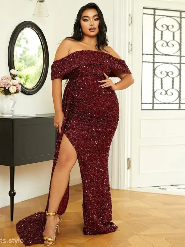 Sparkling burgundy off-shoulder evening gown with high slit, perfect wedding elegant dress