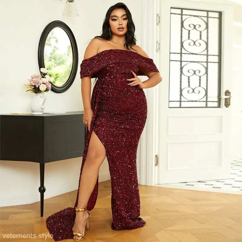 Sparkling burgundy off-shoulder evening gown with high slit, perfect wedding elegant dress