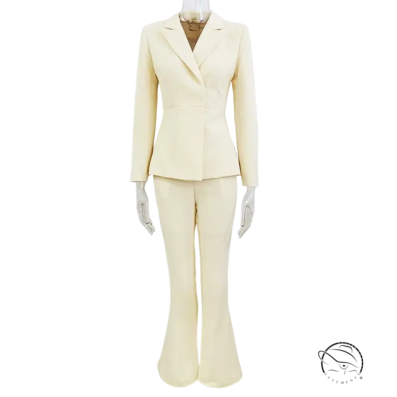 Elegant office cream-colored womens suit set with high-rise pants