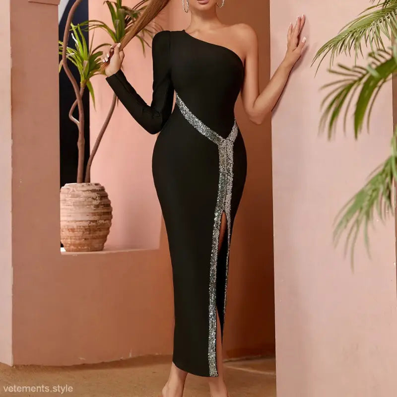 Elegant black one-shoulder evening dress with glittery silver side slit and sequin details