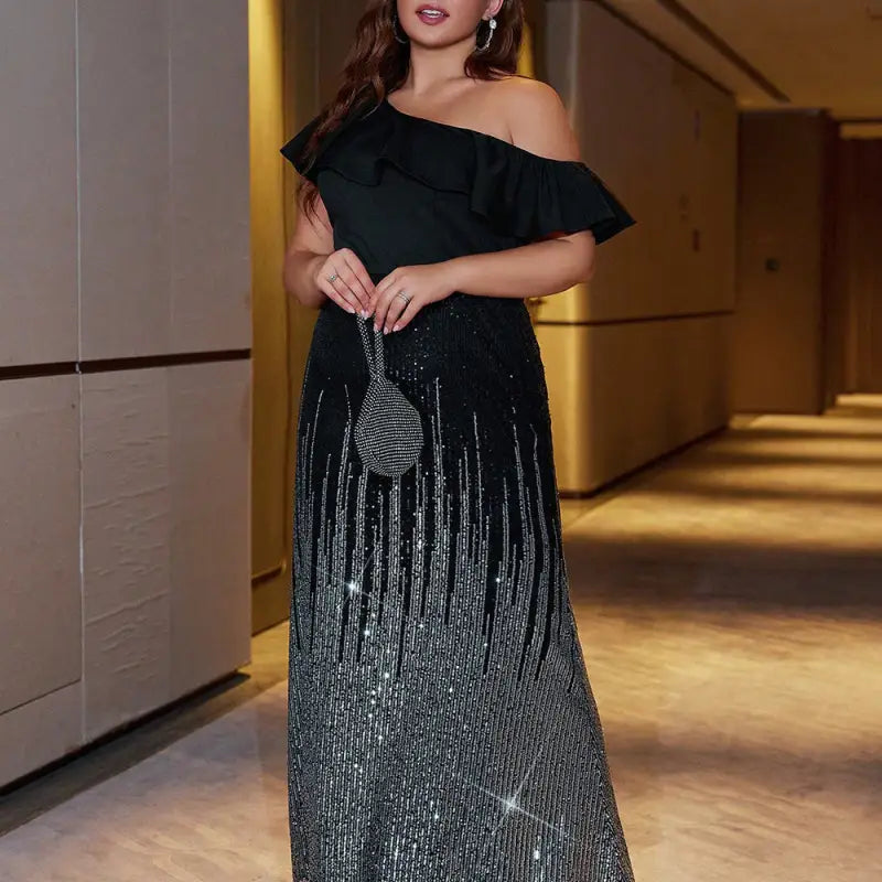 Elegant black one-shoulder sequin maxi dress with ruffled neckline for sexy cocktail evenings