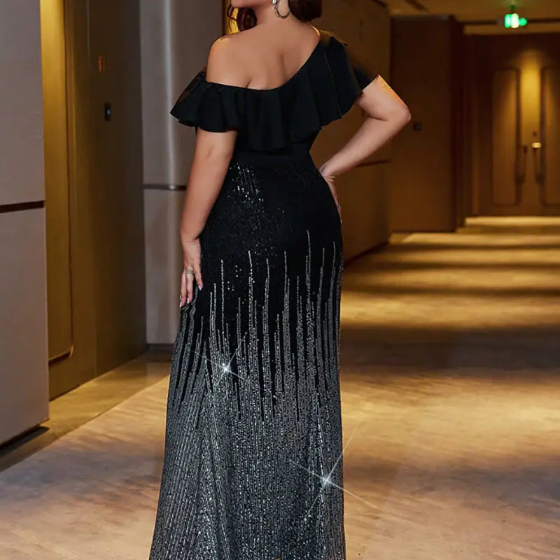 Black off-shoulder sequin ombre maxi dress, a sexy cocktail evening dress for elegant occasions