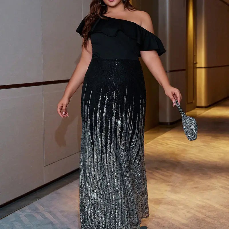 Plus-size woman in Elegant One Shoulder Sequin Maxi Dress, a sexy cocktail evening dress