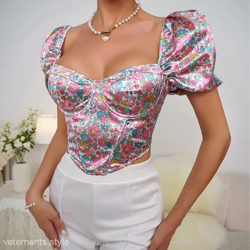 Elegant painted flowers corset with steel ring push, pink floral print, puff sleeves