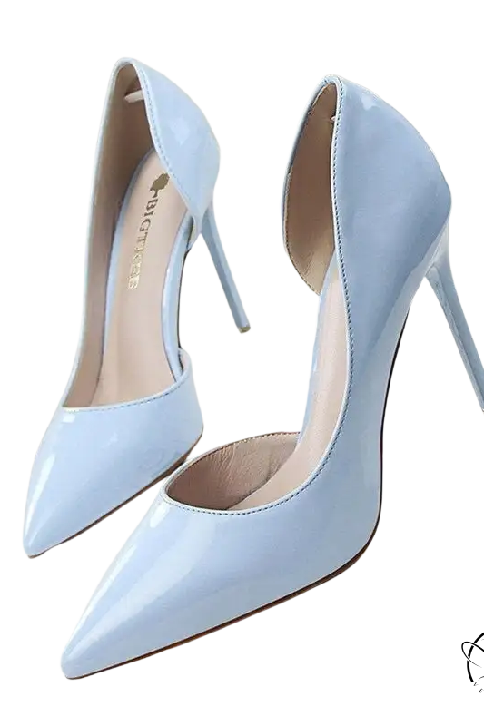 Light blue patent leather office high heels with pointed toe and stiletto heel