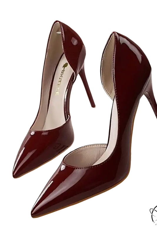 Burgundy patent leather office high heels with pointed toe stiletto