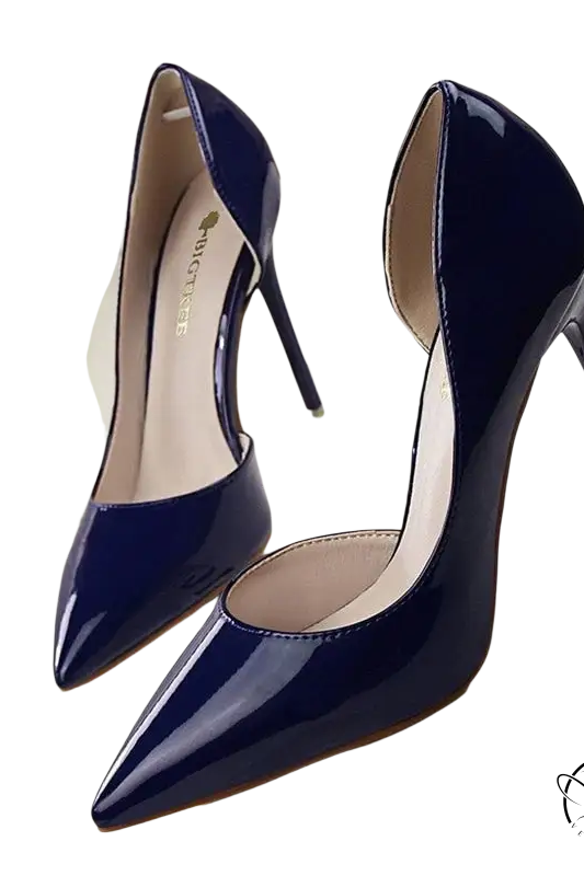 Navy blue patent leather office high heels with pointed toe and stiletto heel