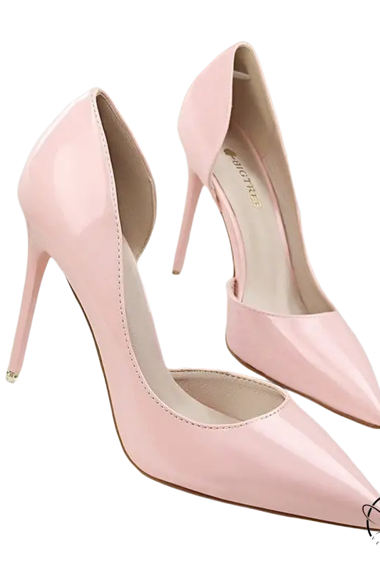 Pink patent leather office high heels with pointed toe stiletto
