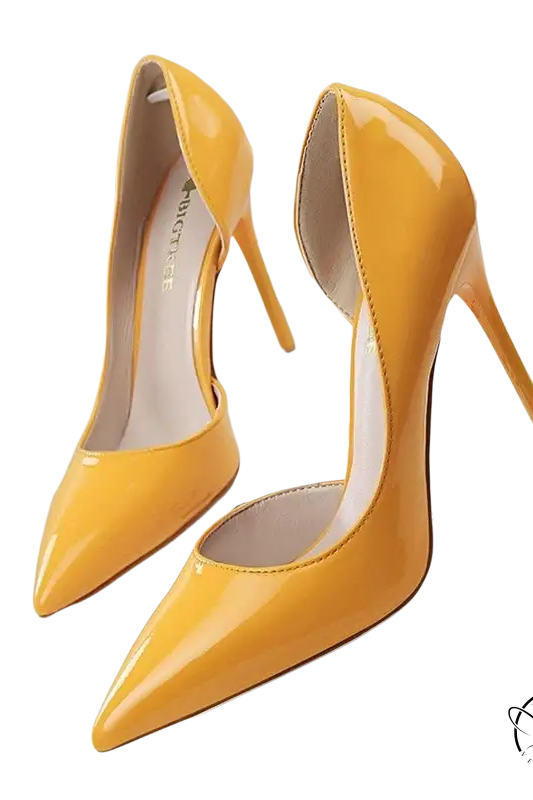 Bright yellow patent leather office high heels with pointed toe and stiletto heel