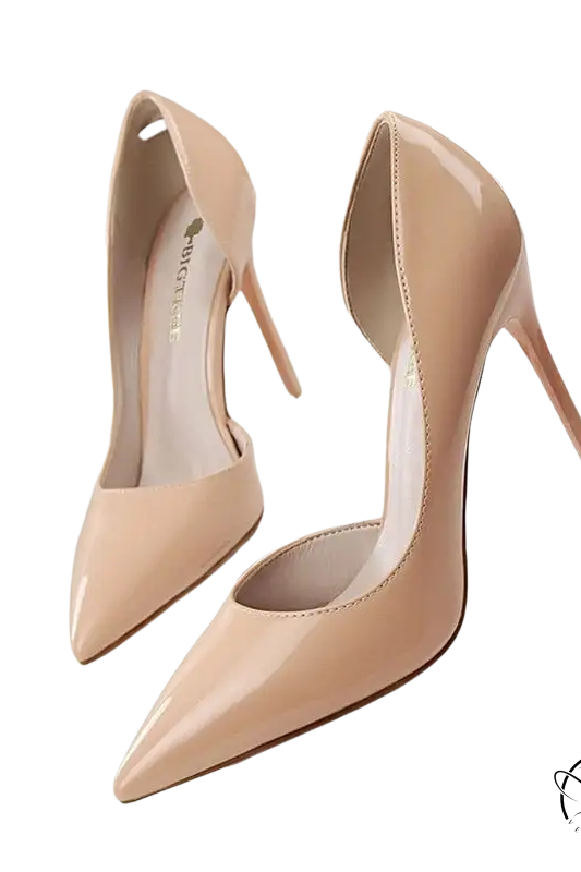 Elegant beige patent leather office high heels with pointed toe stiletto
