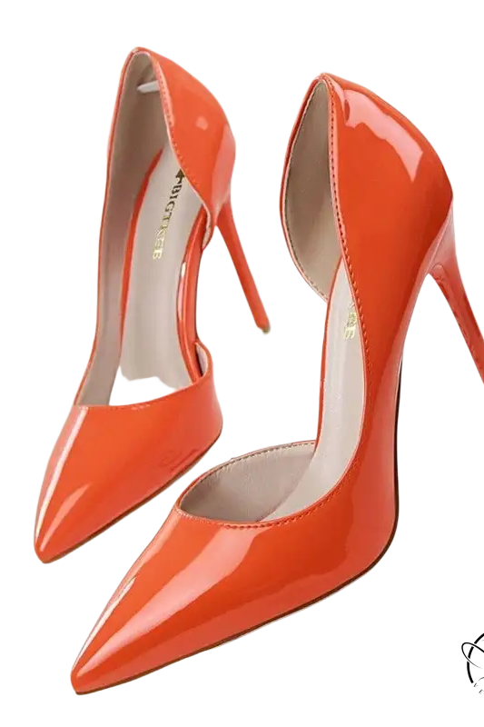 Bright orange patent leather office high heels with pointed toe and stiletto heel