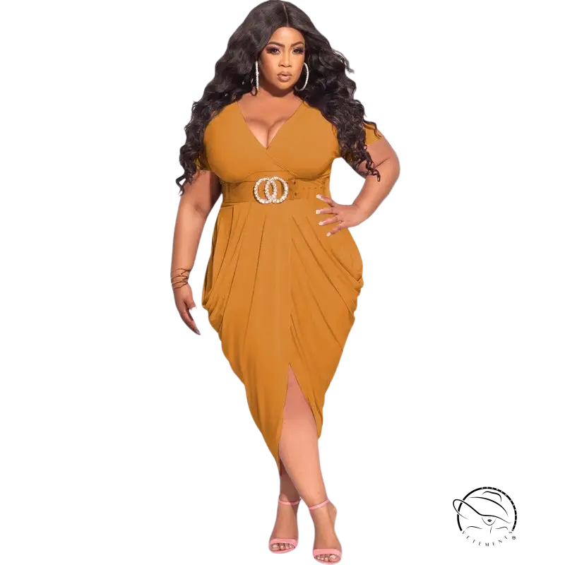 Curvaceous woman in sexy plunge tight split dress with belted waist