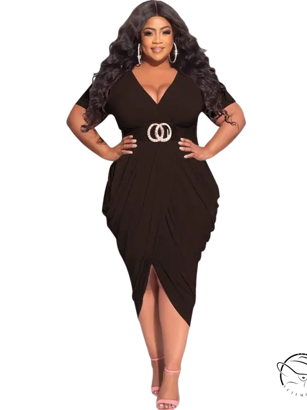 Woman in sexy tight split plunge dress posing confidently