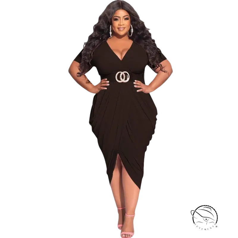 Woman in sexy tight split plunge dress posing confidently