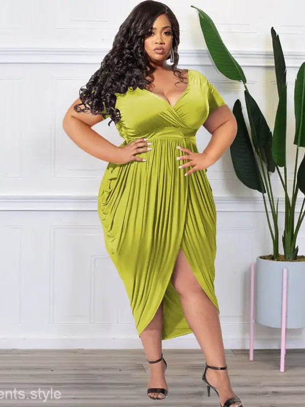 Lime green plunge sexy dress with draped skirt and belted detail, perfect for elegant occasions
