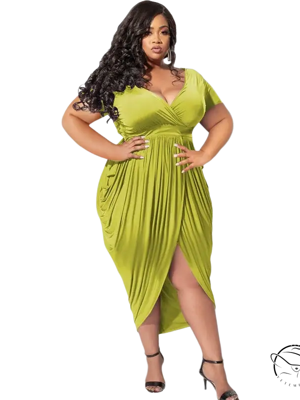Lime green plunge sexy dress with draped skirt and belted asymmetrical detail