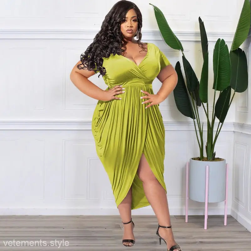Lime green plunge sexy dress with draped skirt and belted detail, perfect for elegant occasions