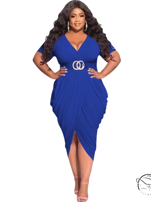 Woman in sexy tight split plunge dress with asymmetrical belted design