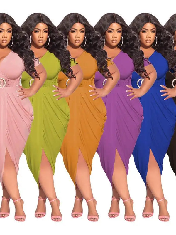 Curvy woman in six colorful plunge sexy dresses with asymmetrical design and belt detail