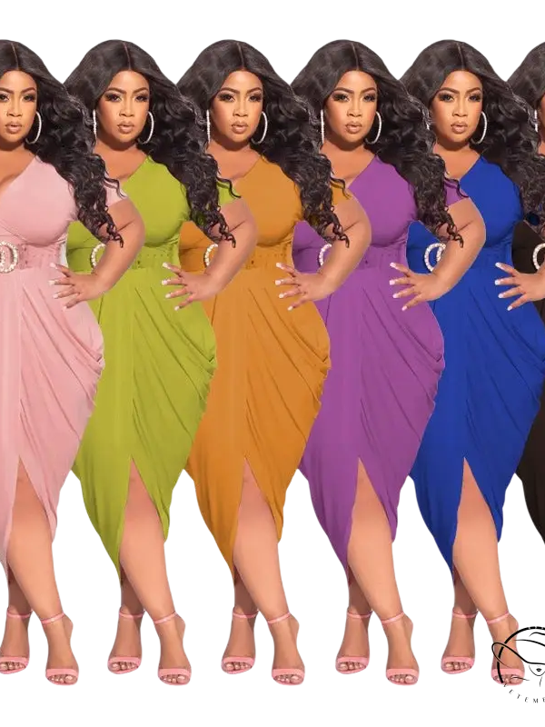 Curvy model in six colored plunge sexy dresses with asymmetrical belted design