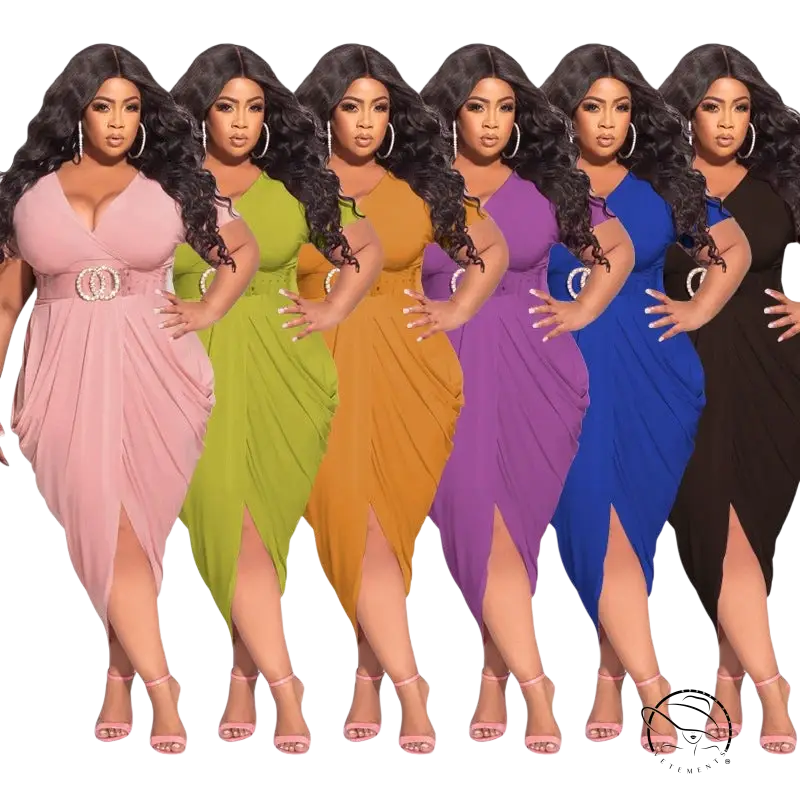 Curvy model in six colored plunge sexy dresses with asymmetrical belted design