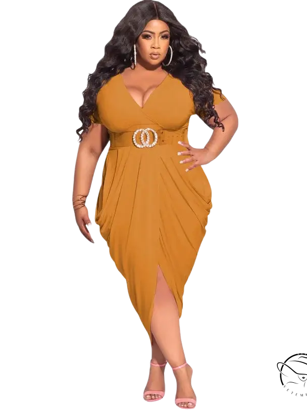 Curvaceous woman in sexy tight split plunge dress with belted waist