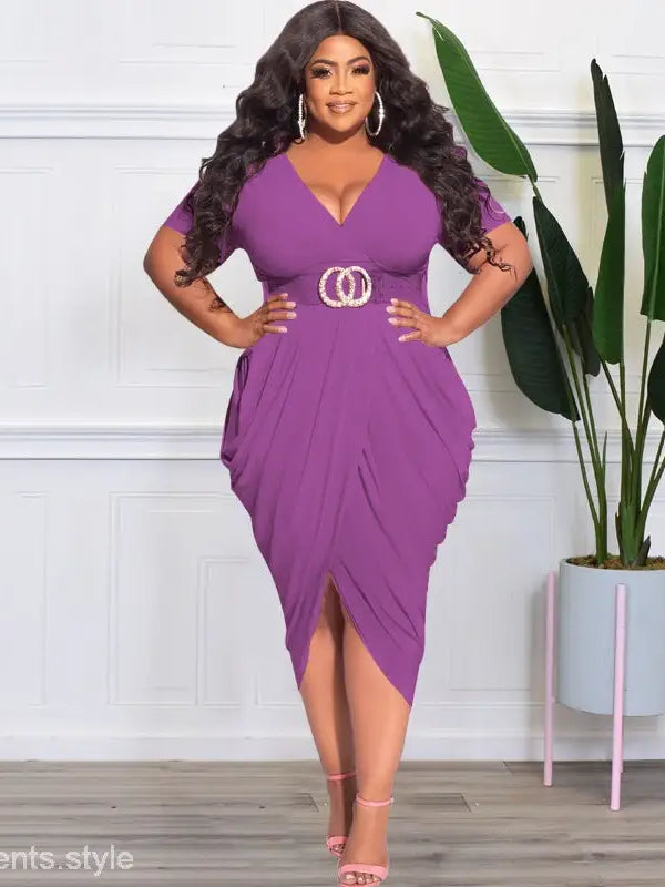 Elegant purple plunge sexy dress with asymmetrical design and belted detail