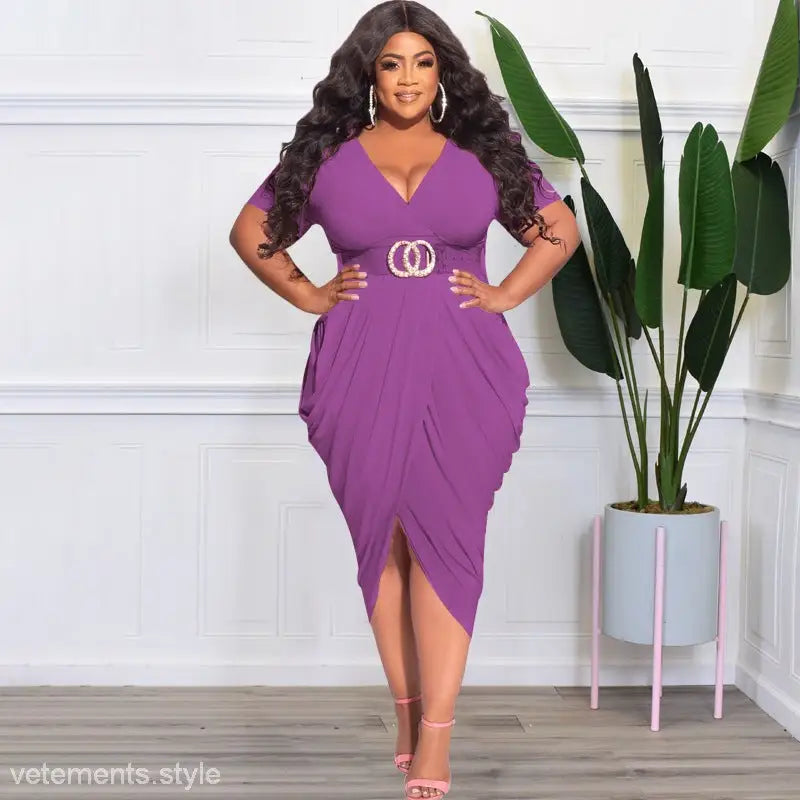 Elegant purple plunge sexy dress with asymmetrical design and belted detail