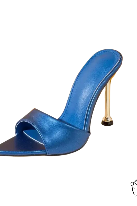 Elegant pointed toe female slippers with blue high-heeled metallic stiletto