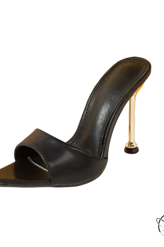 Elegant pointed toe black high-heeled female slippers with metallic stiletto