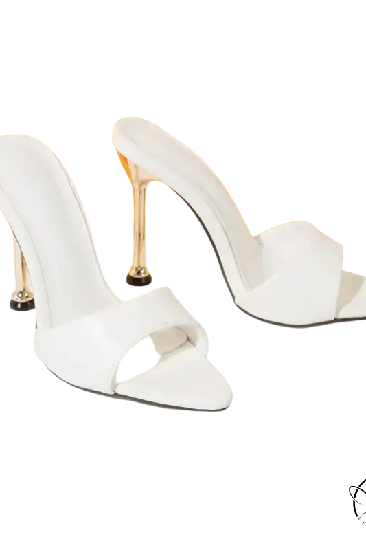 Elegant pointed toe female slippers: white high-heeled sandals with stiletto heels