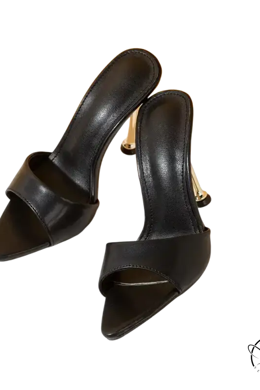 Elegant pointed toe female slippers: black leather high-heeled mule sandals with gold stiletto heels