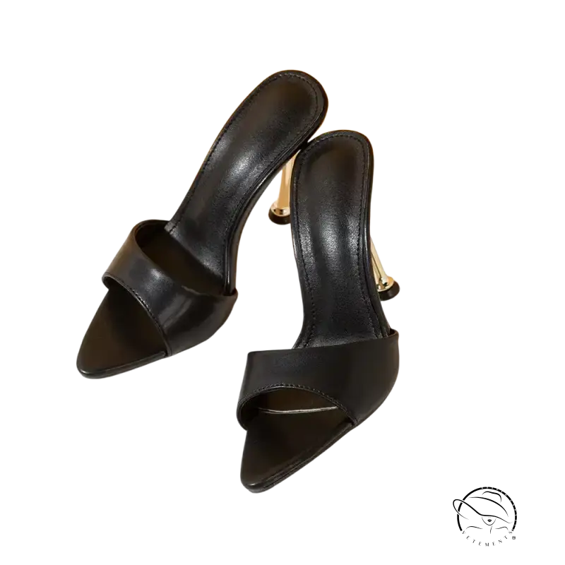 Elegant pointed toe female slippers: black leather high-heeled mule sandals with gold stiletto heels