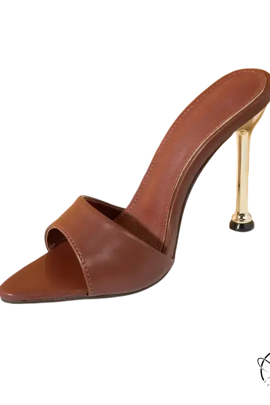 Elegant pointed toe brown leather high-heeled mule sandal with metallic stiletto heel