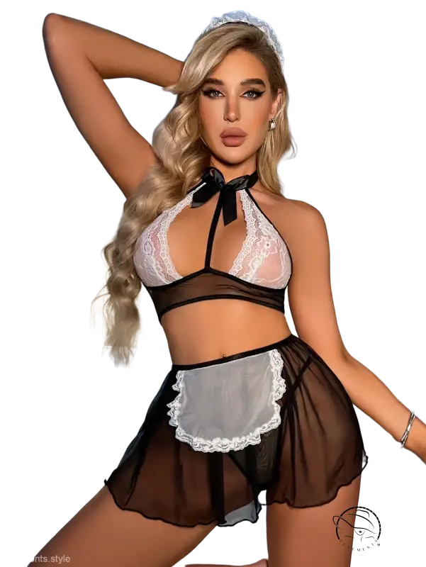 Elegant black and white lace maid costume with sheer mesh overlay