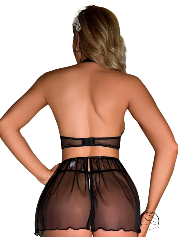 Sexy lingerie costume maid suit in black sheer mesh with halter top and shorts