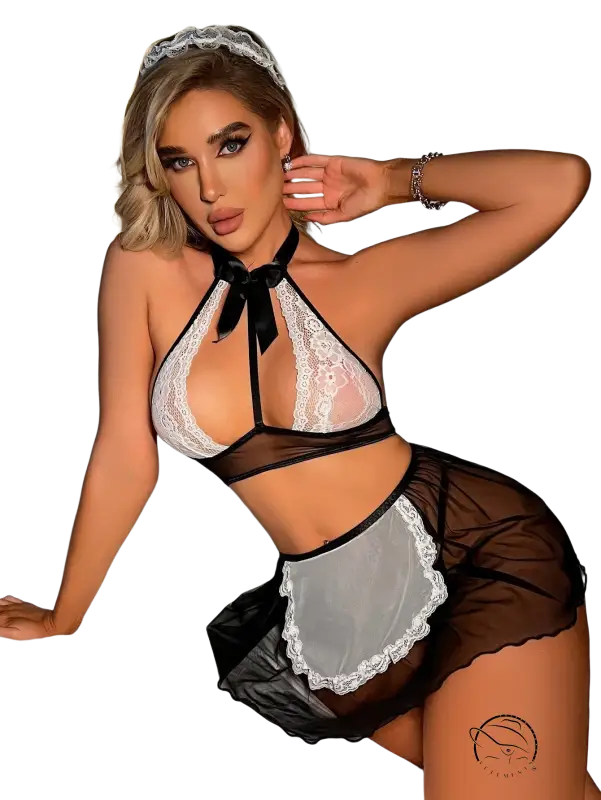 Black and white lace maid costume with sheer mesh overlay