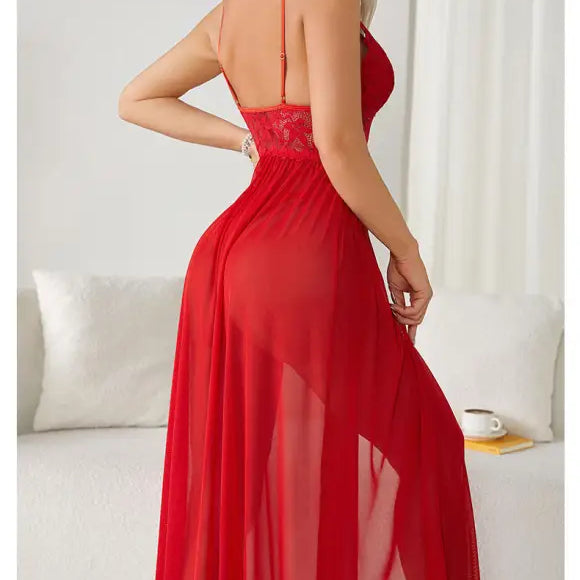 Red lace-trimmed nightgown with a sheer skirt and spaghetti straps.
